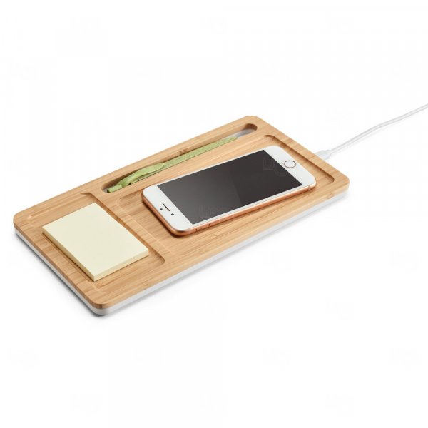 Organizador de Mesa com Carregador Sem Fio em Bambu Personalizado