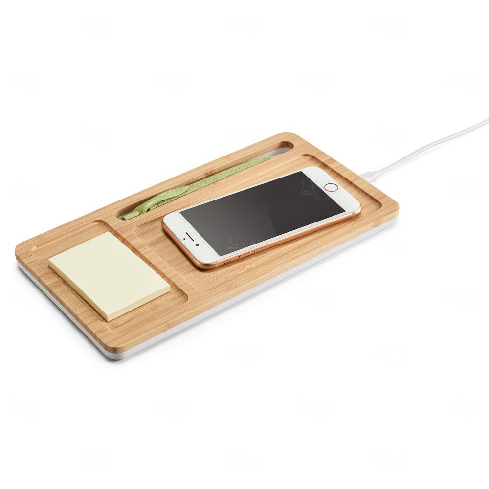 Organizador de Mesa com Carregador Sem Fio em Bambu Personalizado 