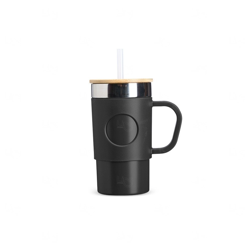 Caneca Térmica Aço Inox com Tampa de Bambu Personlizada - 400ml 