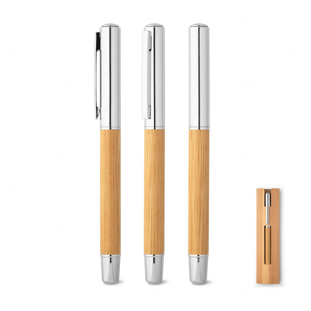 Caneta em Aço Inox com Detalhe em Bambu Personalizada 